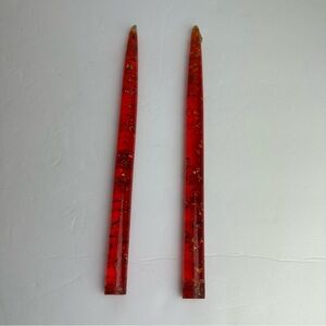 Vintage Lucite Red Candlesticks Gold Flake 1960s Foil Tapered No-Burn Candle 11”